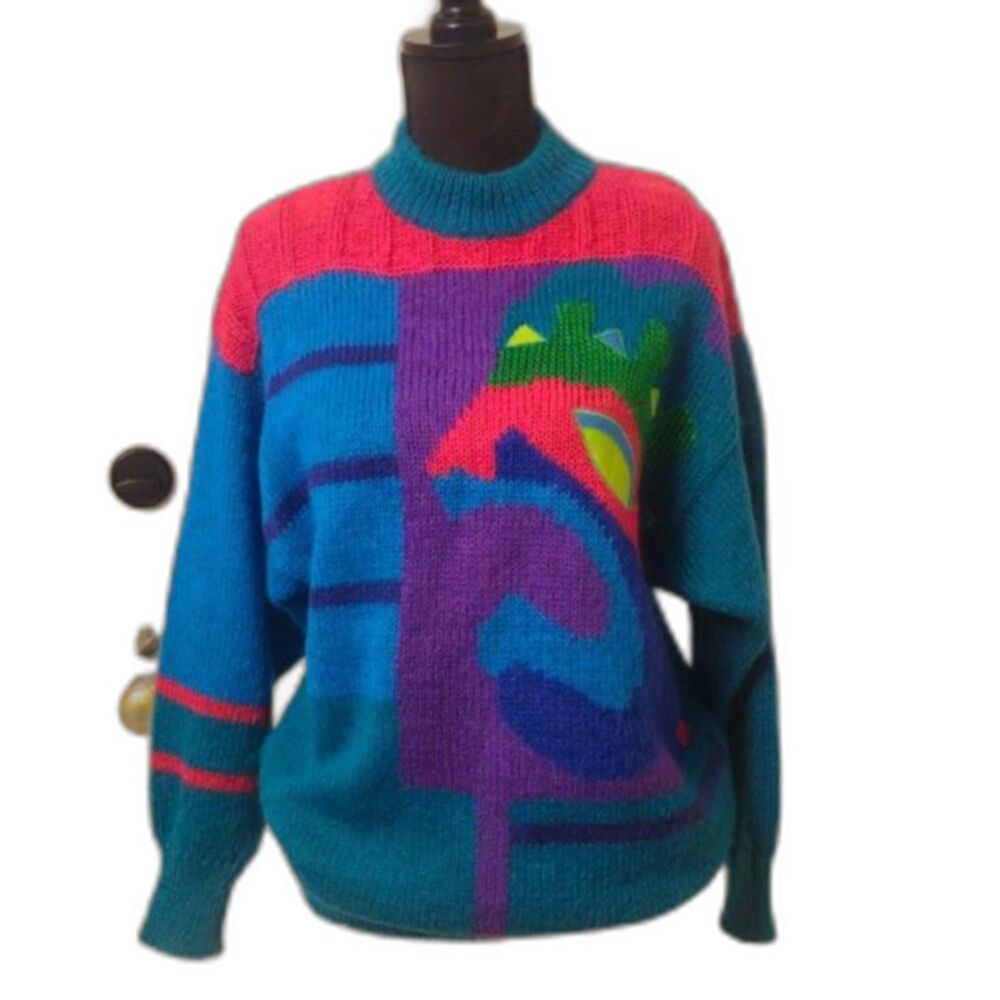 Vintage 80s Premiere Designer Abstract Sweater - Geometric Color Explosion